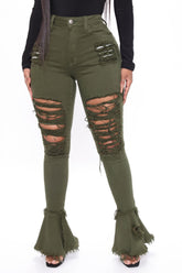 Fray What You Mean Flare Leg Jeans - Olive Ins Street